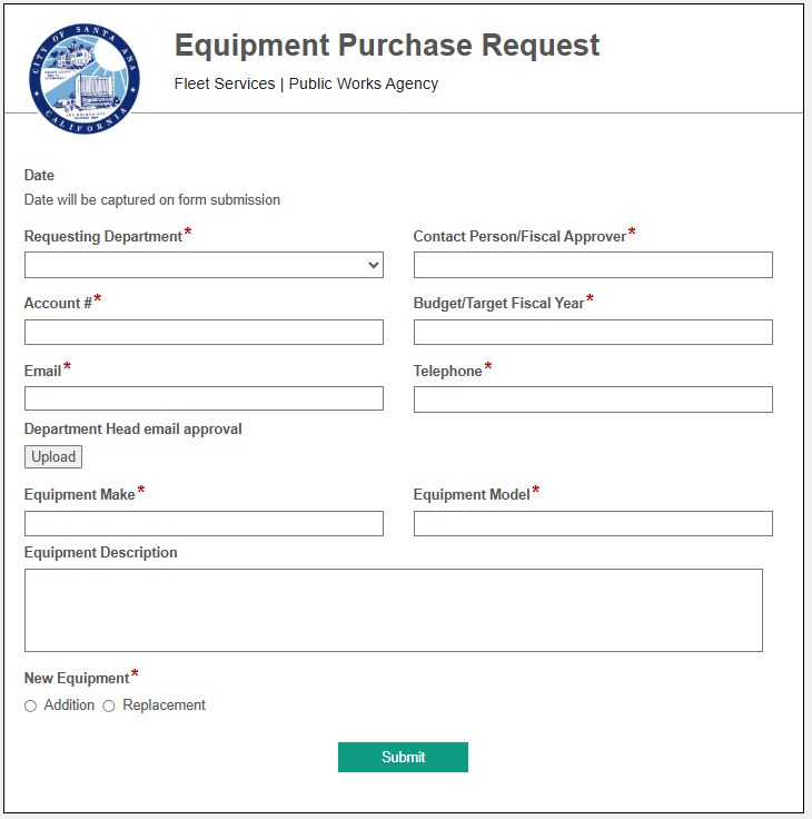 Equipment Purchase Request form