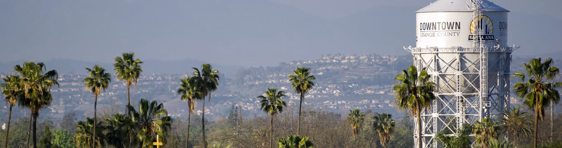 Santa Ana water tower with city backdrop
